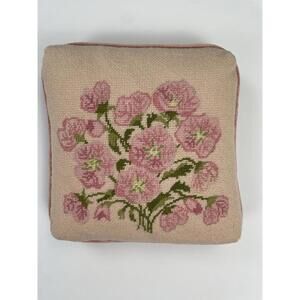 Vintage Needlepoint Throw Pillow Flower Pink Floral Cottagecore